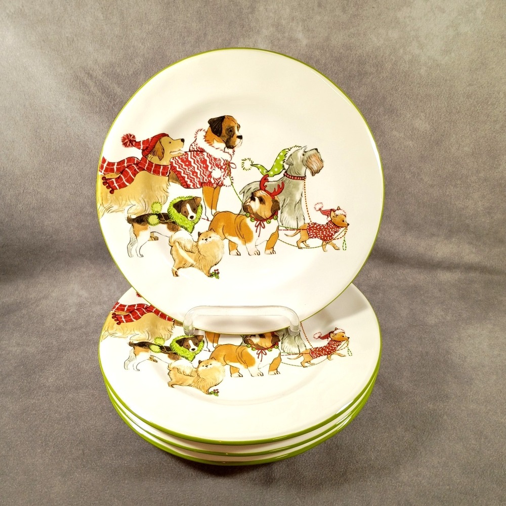 Pier 1 "Park Avenue Puppies" Hand-painted Ironstone Holiday Plates Set of 4